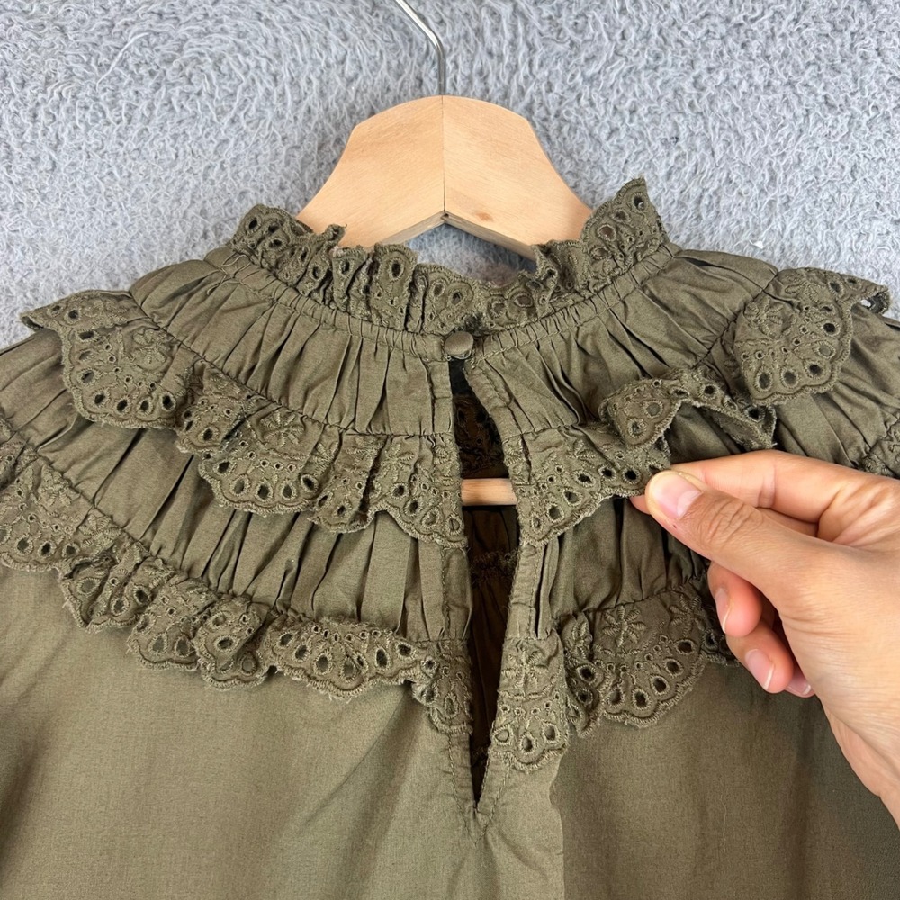 Boden Olive Green Eyelet Ruffle High Neck Sleeveless Cotton Blouse Top - Picture 10 of 12